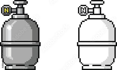 Pixel art illustration of two gas cylinders, one grey and one white, each with a valve and pressure gauge, representing industrial or scientific equipment.