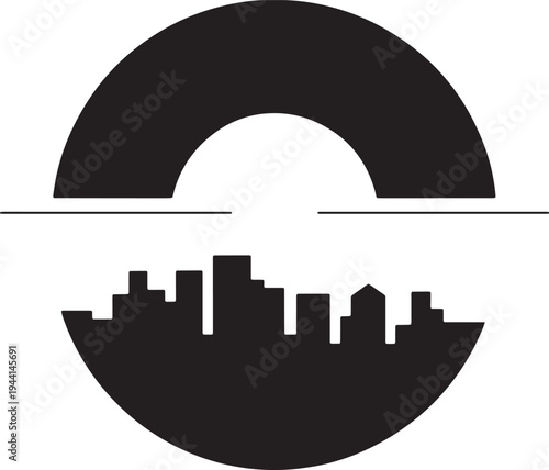Abstract geometric design with a half circle and city skyline split by a horizontal line