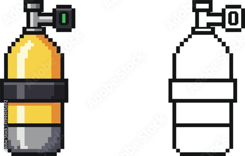 Pixel art illustration of a yellow and grey scuba diving tank with a regulator, next to its black and white outline version.