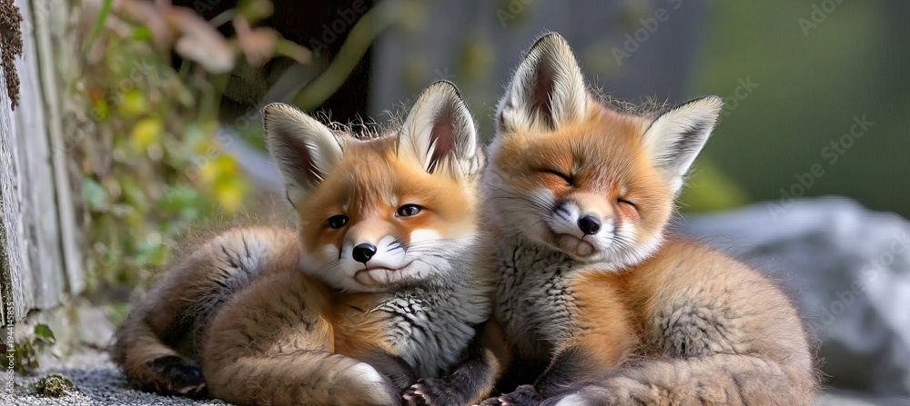 Obraz premium Two Adorable Red Fox Cubs Play Together at Sunrise, Snuggling Under Trees on a Warm Day