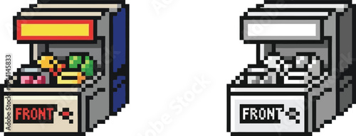 Two pixel art vending machines, one colorful with various prizes and the other in grayscale, both featuring a 'FRONT' label on their lower panel, depicting retro arcade game aesthetics.