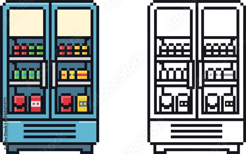Pixel art illustration of a vending machine or display refrigerator, with a colored version and an outline version, both filled with drinks and snacks.