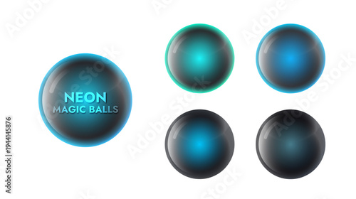 Set of black magic glossy balls with blue neon glow inside