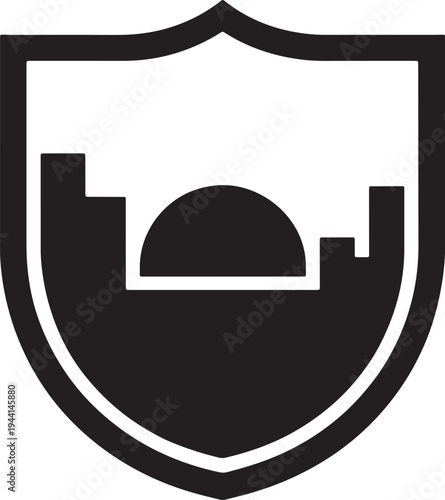City silhouette behind shield shape with sun and buildings