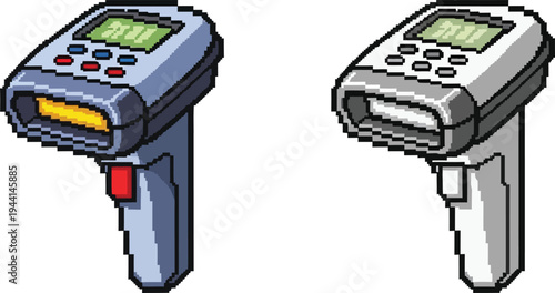 Two pixel art handheld barcode scanners, one blue and one white, with displays and scanning lights.