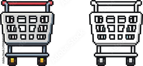 Two pixel art style shopping carts, one with a red handle and grey frame, the other entirely white, on a plain background.