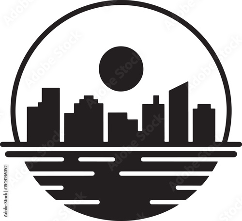 City skyline with moon and water reflection in a circular frame vector graphic illustration