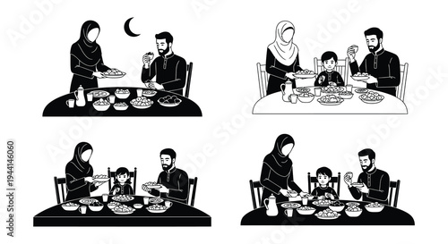 Family breaking fast together during ramadan a black and white illustration