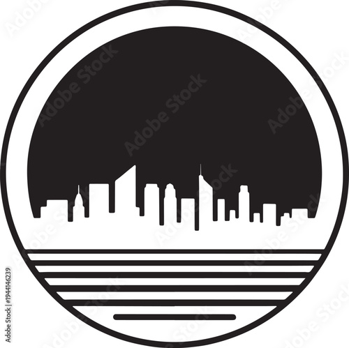 Minimalist cityscape design with detailed skyline and multiple horizontal lines in round frame