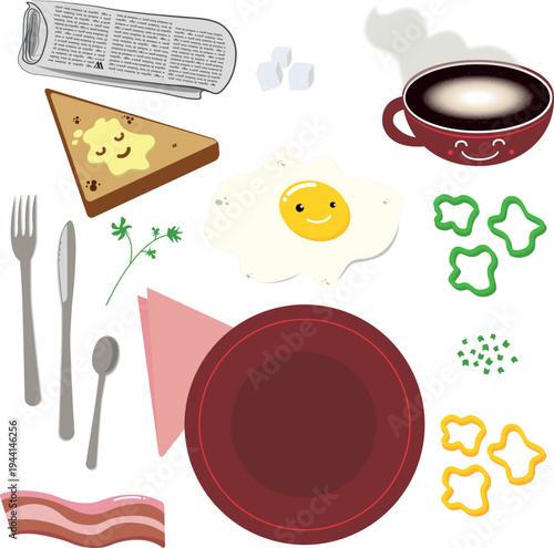 Cute Kawaii Breakfast Food Set: Fried Egg, Toast, Coffee, and Bacon Vector Illustrations