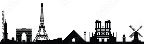 Paris city skyline silhouette with Eiffel Tower, Arc de Triomphe, Notre Dame Cathedral, Louvre Pyramid and historic landmarks