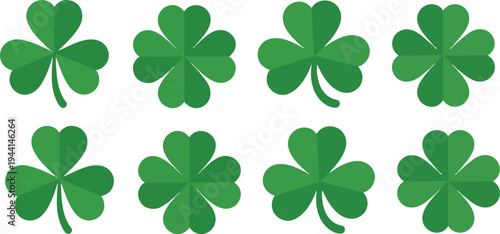 Four leaf clover illustration set arranged horizontally, lucky green shamrock symbols with clean minimalist style on white background