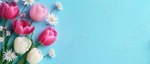 Pastel bouquet of tulips and daisies on a soft blue background for springtime celebrations.
