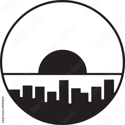 Minimalist cityscape design with sun over buildings and horizontal line in round frame isolated