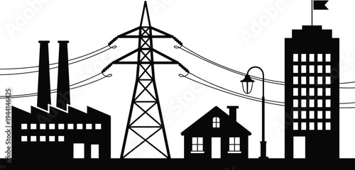 Urban electricity infrastructure with factory, power transmission tower, residential house and city building connected by electric grid silhouette