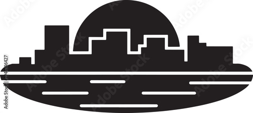 Panoramic city skyline silhouette on island with water ripples and large sun for web banner