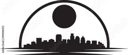 Panoramic cityscape silhouette with full moon and water reflection a simple vector illustration