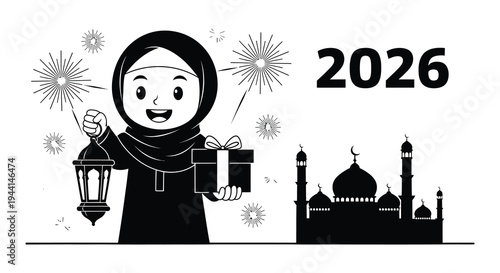 Celebratory design featuring a veiled woman and the year 2026