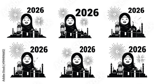 Celebratory design featuring a veiled woman and the year 2026