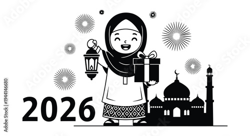 Celebratory design featuring a veiled woman and the year 2026