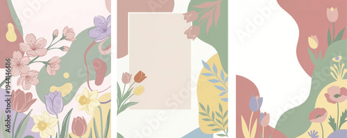 Abstract Boho Spring Floral Poster Set Pastel Organic Shape Cherry Blossom Tulip Social Media Template