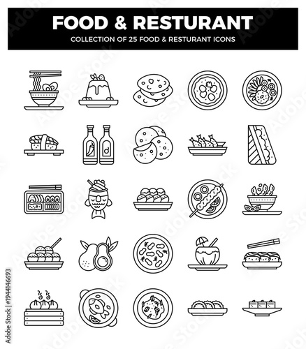 food and restaurant line icons on white background