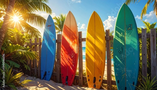Six colorful surfboards upright in sand leaning on wooden fence, framed by palm trees and tropical plants, bright sun casting shadows, ocean waves and sandy beach beyond, symbolizing surfing culture a