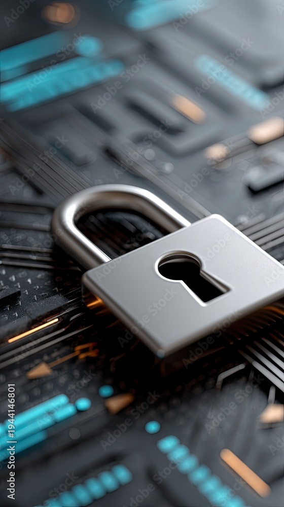 Fototapeta premium Abstract design shows shield and lock symbols representing digital security and protection in a blue energy theme