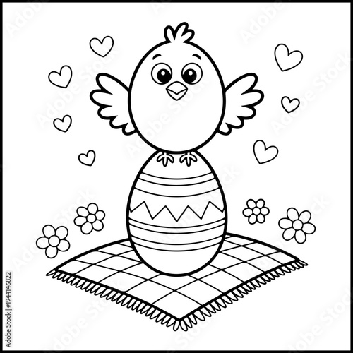 Cute Easter chick hatching from egg with hearts and flowers coloring page vector illustration