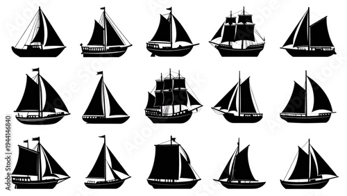 Set of black and white sailboat icons, representing sailing, recreation, and marine travel