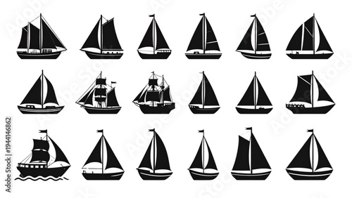Set of black and white sailboat icons, representing sailing, recreation, and marine travel