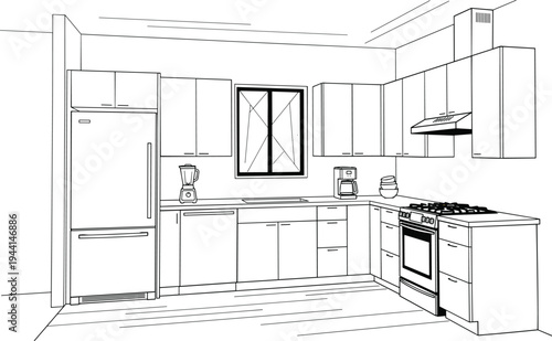 Modern U-shaped kitchen perspective featuring minimalist slab cabinetry, professional range hood, and integrated stainless steel appliances.