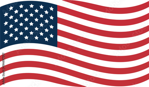 Waving American flag illustration with fifty stars and thirteen red white stripes in minimalist patriotic design on white background