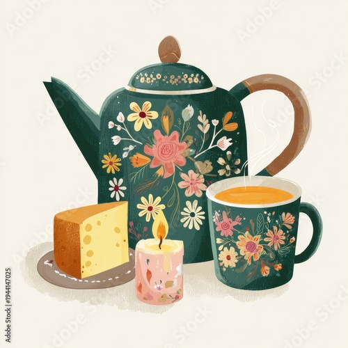 A floral teapot, mug, cake, and candle on a table; whimsical illustration