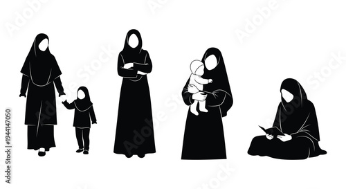 Black and white illustration of muslim women and children together