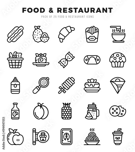 Set of Food and Restaurant Icons. Simple line art style icons pack.