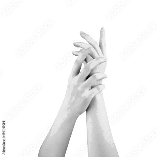 Halftone monochrome illustration of elegant female hands with graceful finger gesture, minimal beauty and fashion concept isolated on white background.