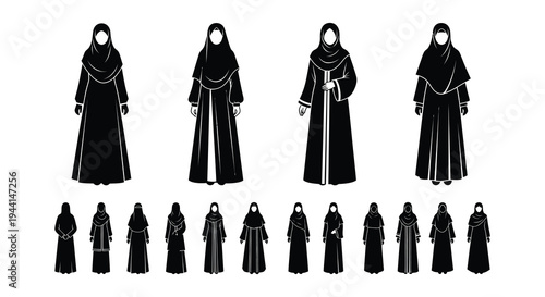 Black silhouettes depict various styles of traditional islamic women s clothing