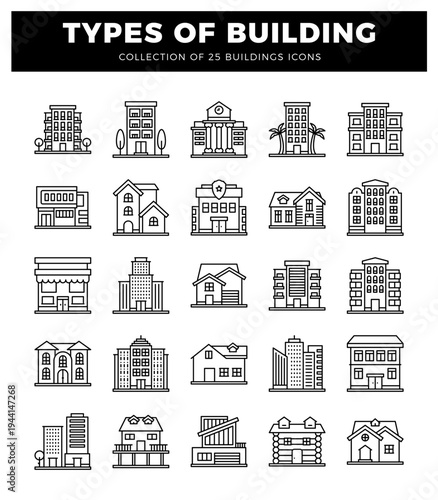 Line art building icons collection on white background