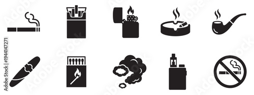 Smoking, vaping, and tobacco product icon set. Cigarette, cigar, lighter, ashtray, pipe, vape, matchbox, and smoke. Vector Illustration.