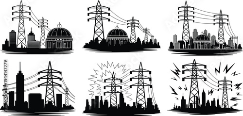 Electric power transmission towers supplying electricity to city skyline, urban energy infrastructure, high voltage grid network silhouette illustration