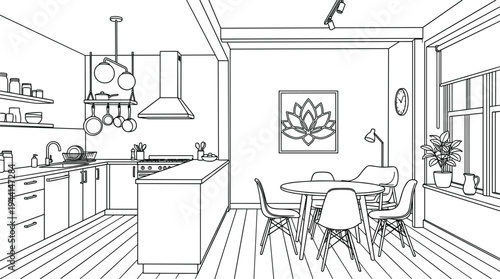 Modern open-plan kitchen and dining area perspective featuring a lotus wall art centerpiece and breakfast bar island.