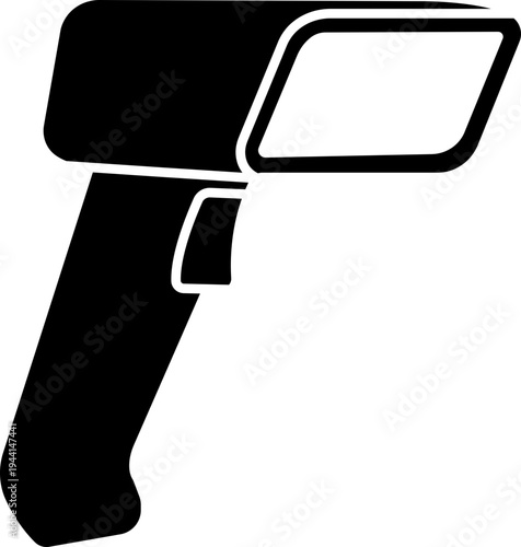 QR code scanner icon in black flat style featuring barcode reader, scanning device, digital sensor, POS technology, retail equipment and automation synonym elements for payment systems