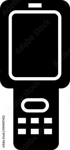 QR code scanner icon in black flat style featuring barcode reader, scanning device, digital sensor, POS technology, retail equipment and automation synonym elements for payment systems