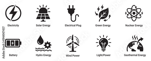 Sustainable and conventional energy sources icon set with text. Solar, wind, nuclear, hydro, geothermal, and battery power. Vector Illustration.