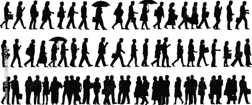 Business people walking silhouettes collection, professional crowd, office workers with briefcases and umbrellas, urban commuters vector illustration set
