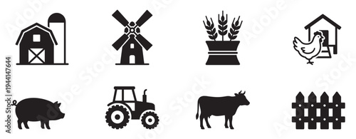 Agriculture and farm icon set. Farming symbols, livestock and rural industry icons. Vector Illustration.