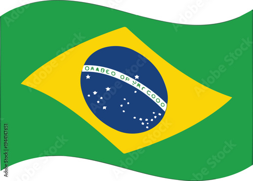 Waving Brazilian flag illustration with green field, yellow diamond, blue globe and stars in minimalist patriotic design