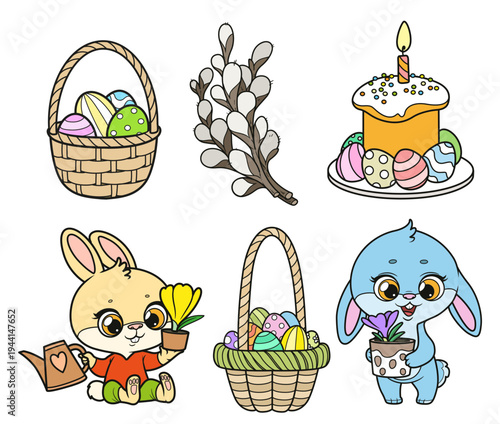 Rabbits, willow branches, Easter cake, baskets with Easter eggs on a white background