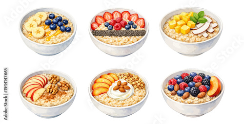 A cozy watercolor collection of oatmeal breakfast bowls featuring healthy porridge topped with fresh fruit, nuts, and seeds.
